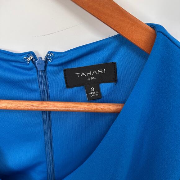 TAHARI ASL Blue Stretch Crepe Side Knot Short Sleeve Knee-Length Dress // 8 - Picture 4 of 12